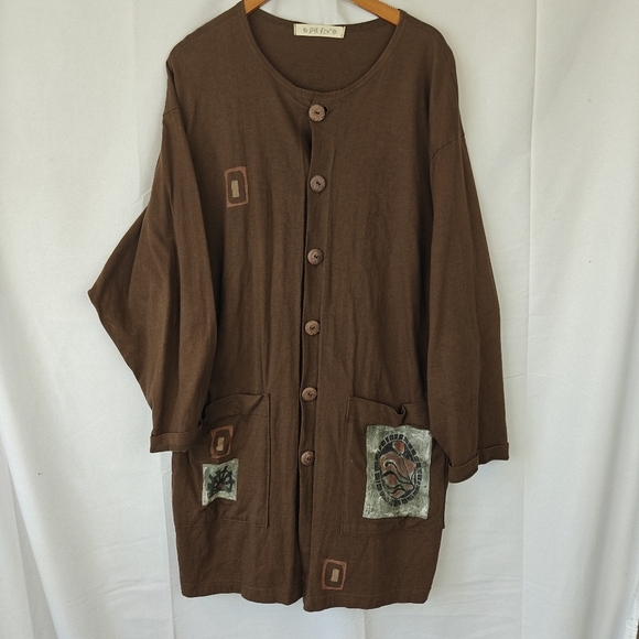 VTG Rare Blue Fish Hand Painted Cotton Brown Button Up Jacket Size 2 Women's - Picture 2 of 15